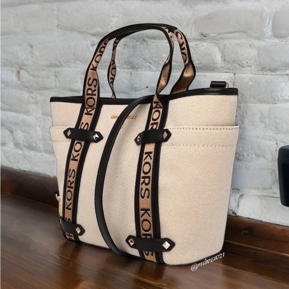 Michael Kors Maeve Medium Convertible Tote in Natural/Black NWT - Picture 3 of 14